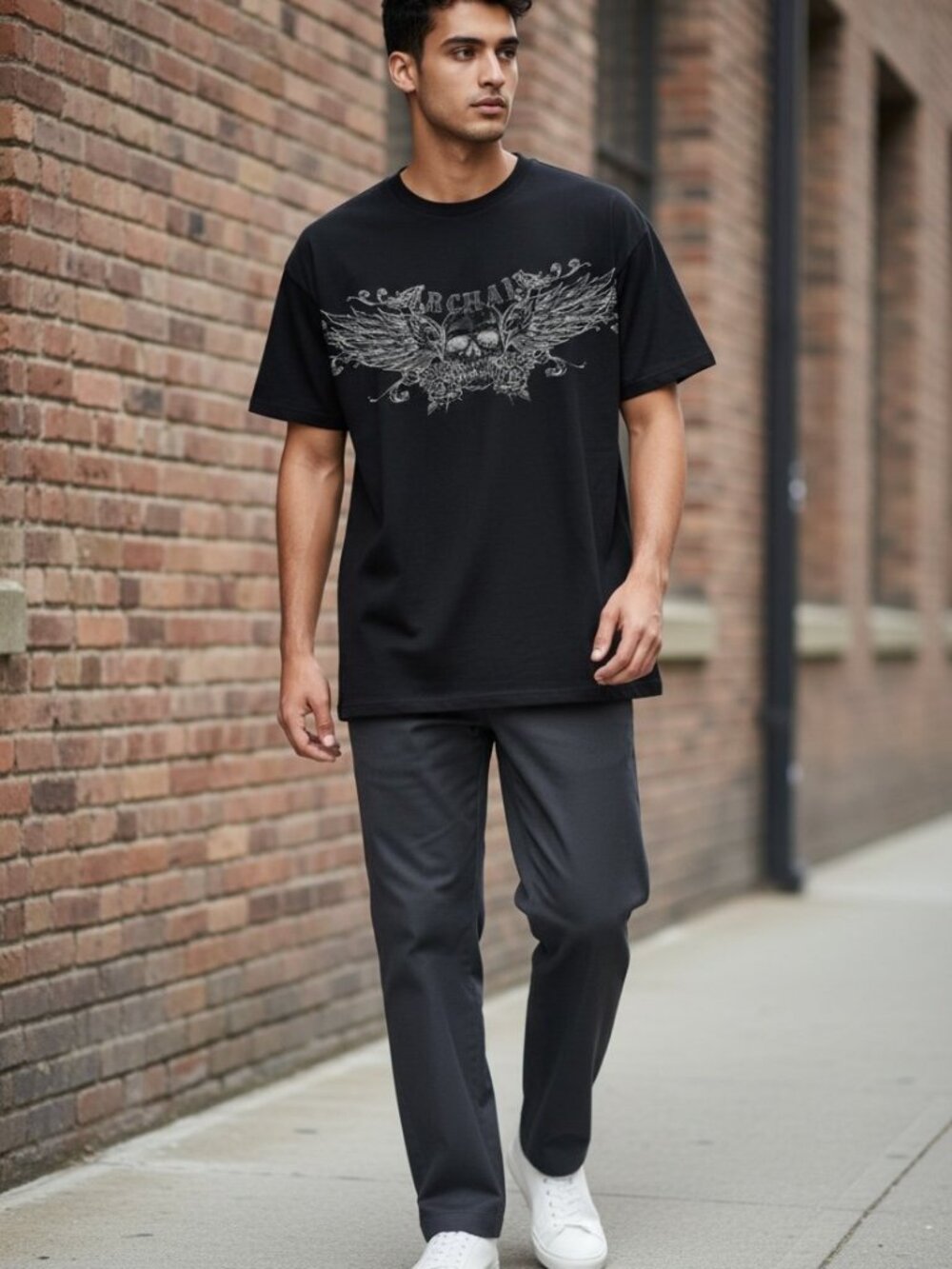 Archaic Mens Large Graphic Skull Wing Rose T-Shirt